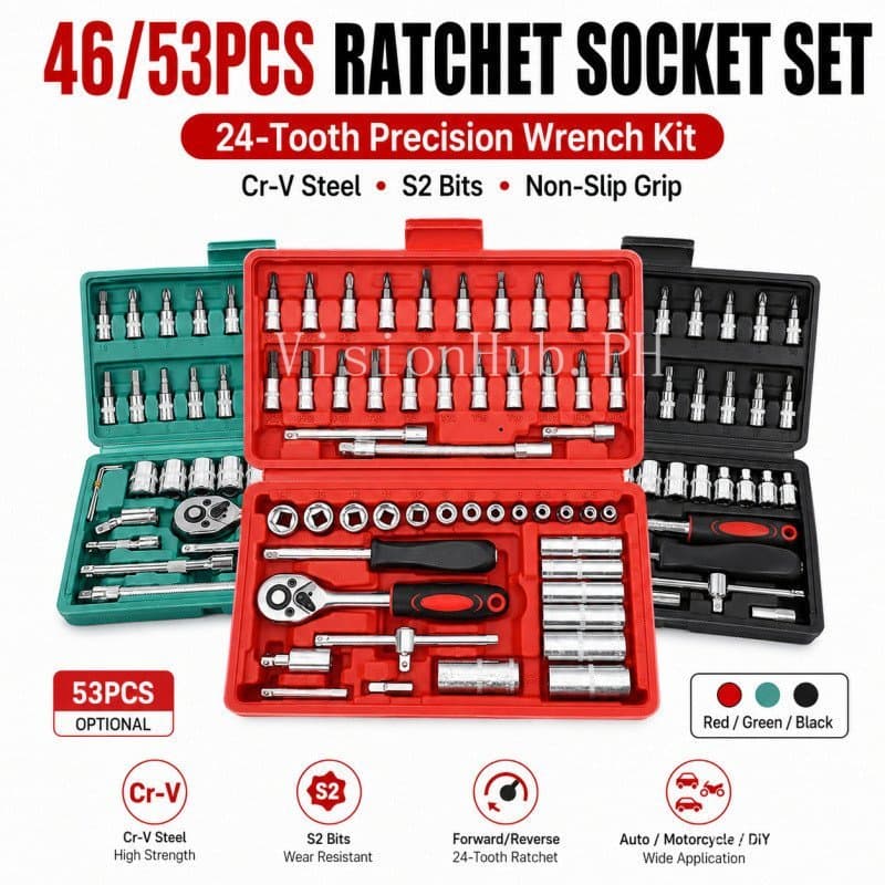 Conjunto de Chaves de Soquete com Catraca de 46/53 Peças – Kit de Ferramentas de 24 Dentes para Reparação de Automóveis