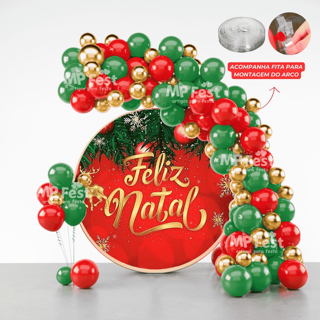 Kit 125 Balões Vermelho + Verde + Dourado Metalizado Natal - Balão Bexiga Liso/Cromado Para Festas