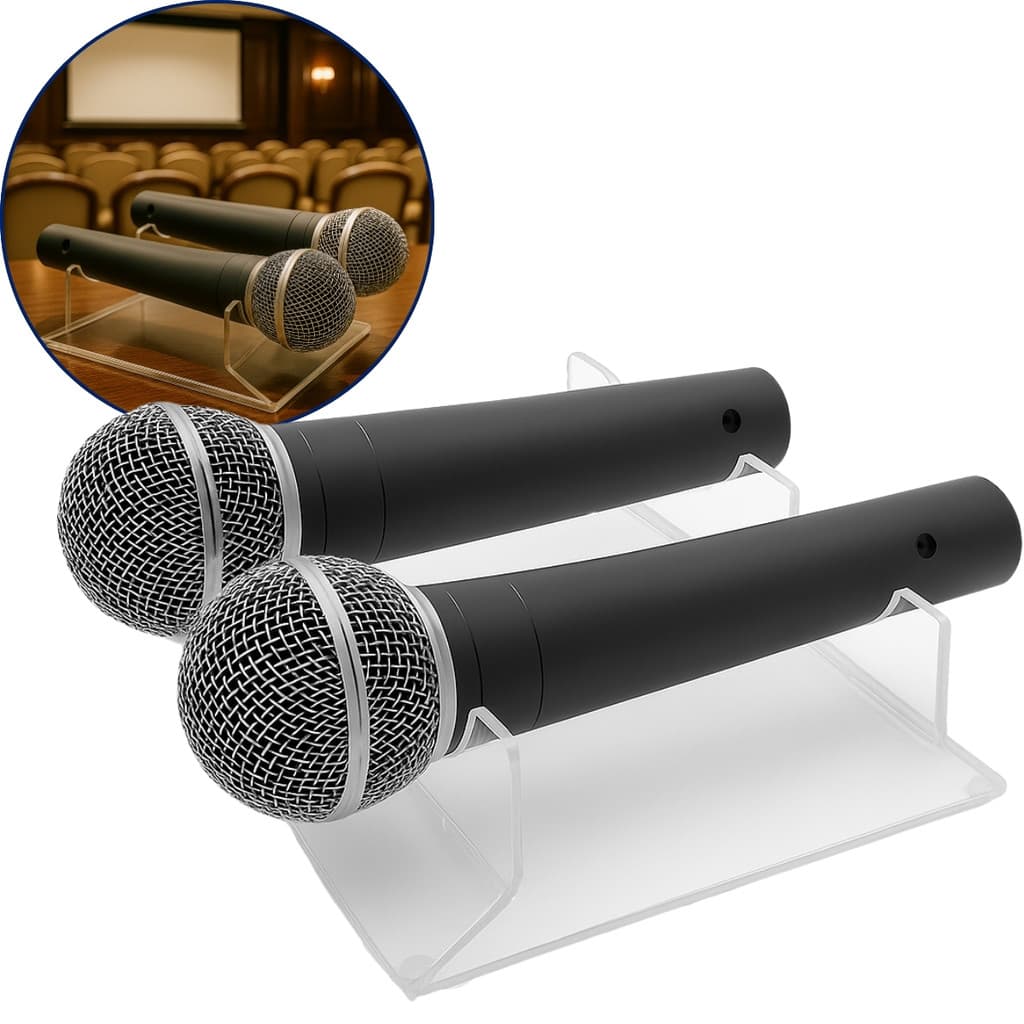 Suporte 2 Microfone Acrílico Apoio Mesa Expositor Apoiador Descanso Palestra Acessório