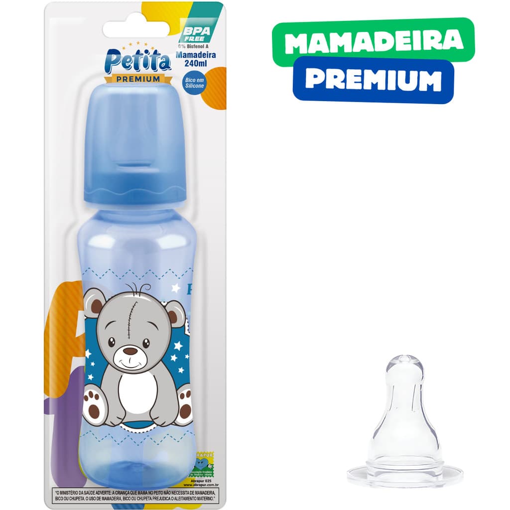 Mamadeira Premium 240ml Azul Com Bico em Silicone macio