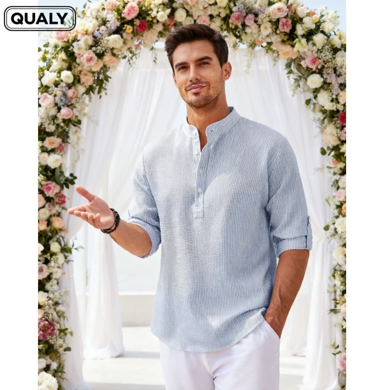 Bata/Camisa Masculina Manga Longa Solta Waffle Colarinho Meio Botão Estilosa Social Casual - QUALY