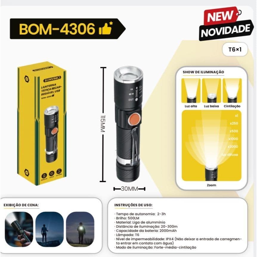 Mini Lanterna Tática Militar Longo Alcance T6 LED Recarregável USB BOM-4305