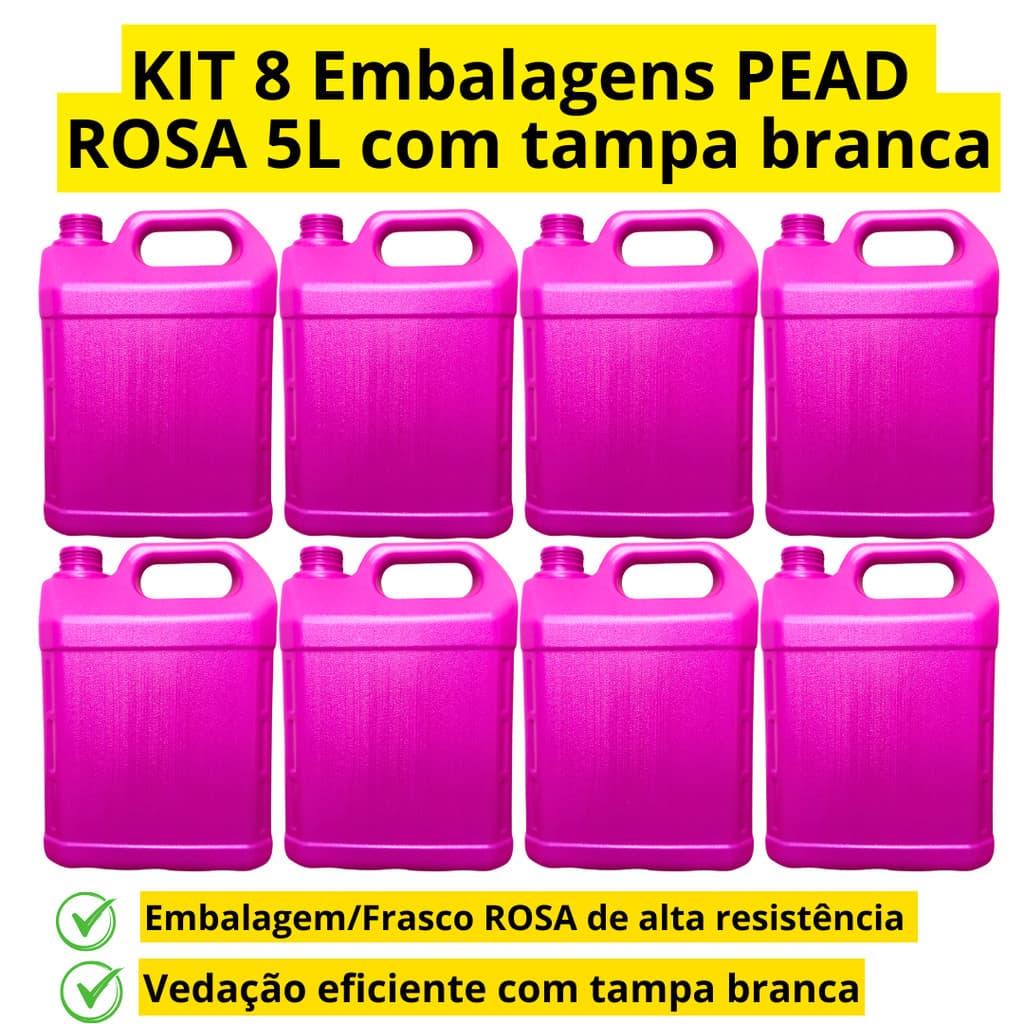 08 Embalagem, Frasco, Galão 5L ROSA. Acompanha as 8 tampas brancas - multiuso- resistente