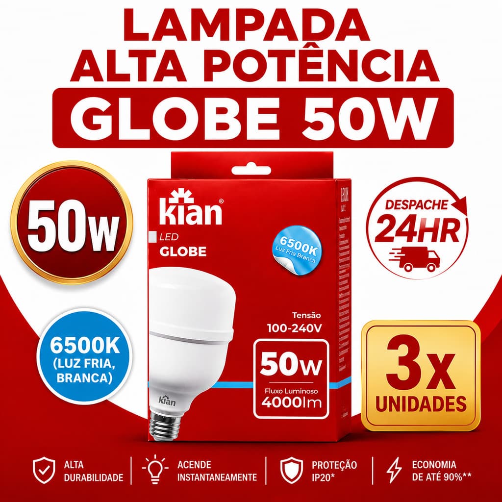 Kit 3 / 2 / 1 Lampadas Led 50w Alta Potencia Bivolt 6500k Branco Frio Kian Iluminação Galpão Super Bulbo Grande Forte