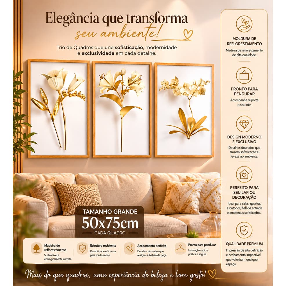 TRIO DE QUADROS DECORATIVOS SALA QUARTO COM MOLDURA GRANDE 50 X 75 CM