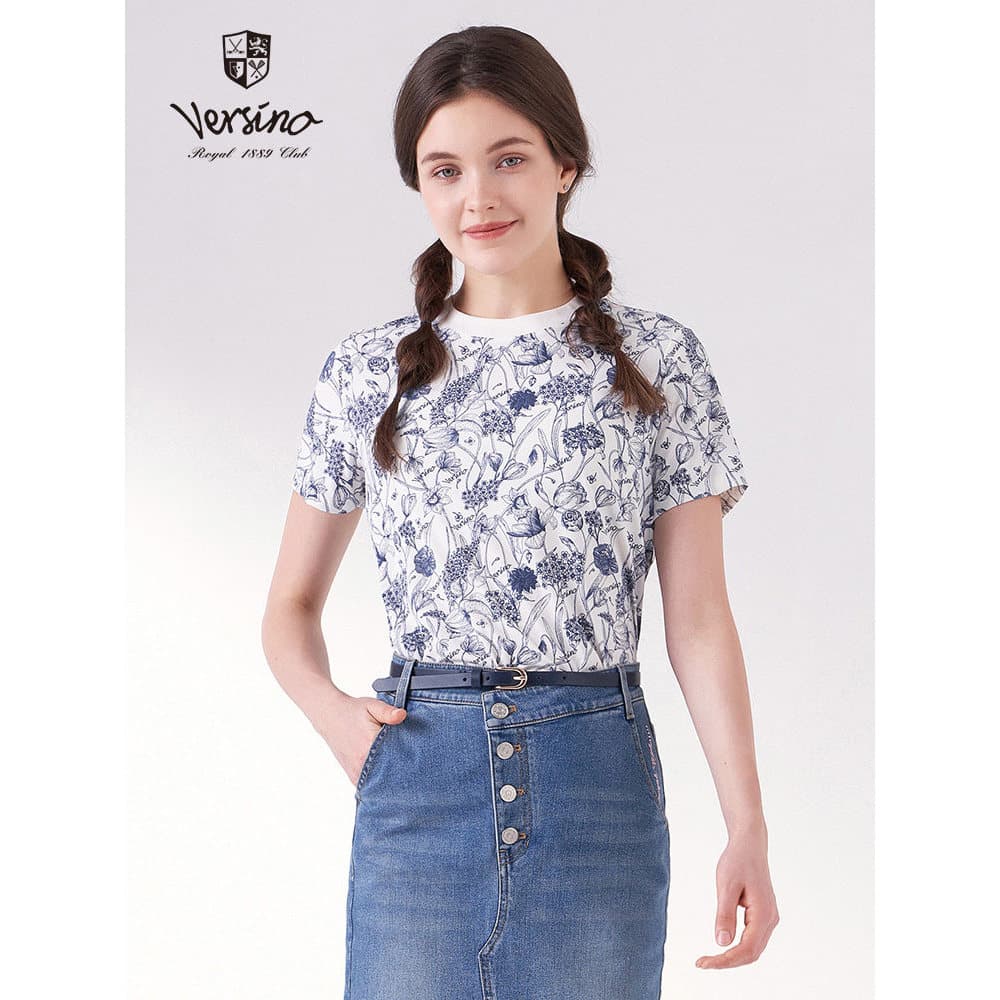 Versino versino camiseta feminina de verão clássica estampada de manga curta feminina Commuter reduzindo a idade Top All