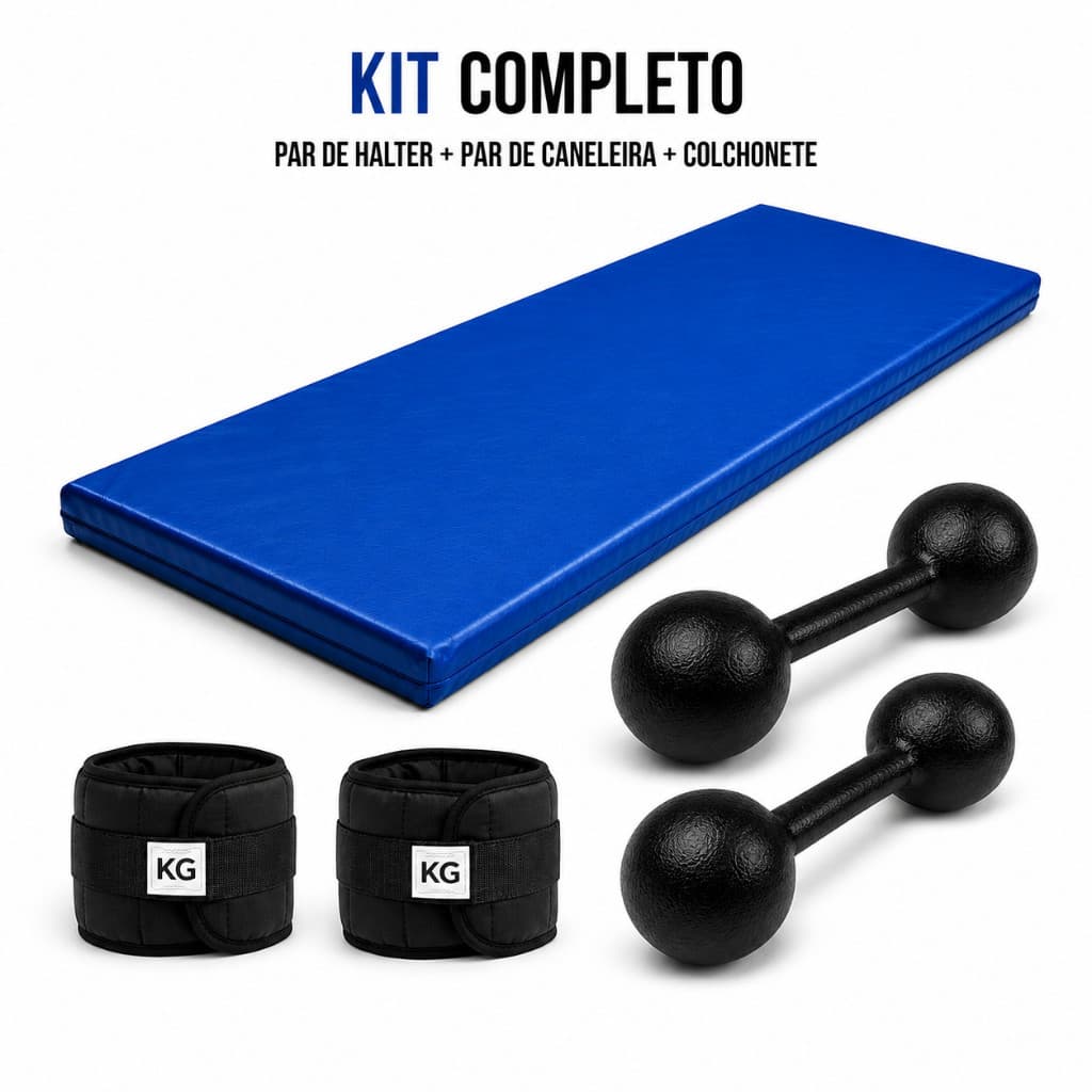 Desconto -Promo KIT FITNESS COMPLETO COLCHONETE AZUL + PAR 3KG HALTER BOLA + PAR 3KG CANELEIRA PRETO | TREINO CASA OU AC