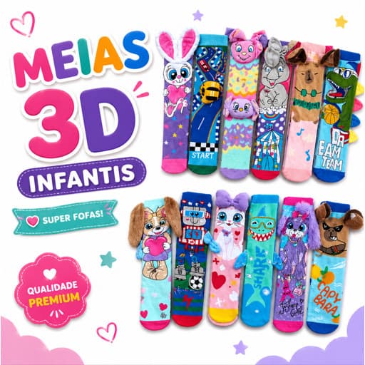 Meia Infantil Divertida Maluca 3D Menina Menino Crianças Desenhos Animados