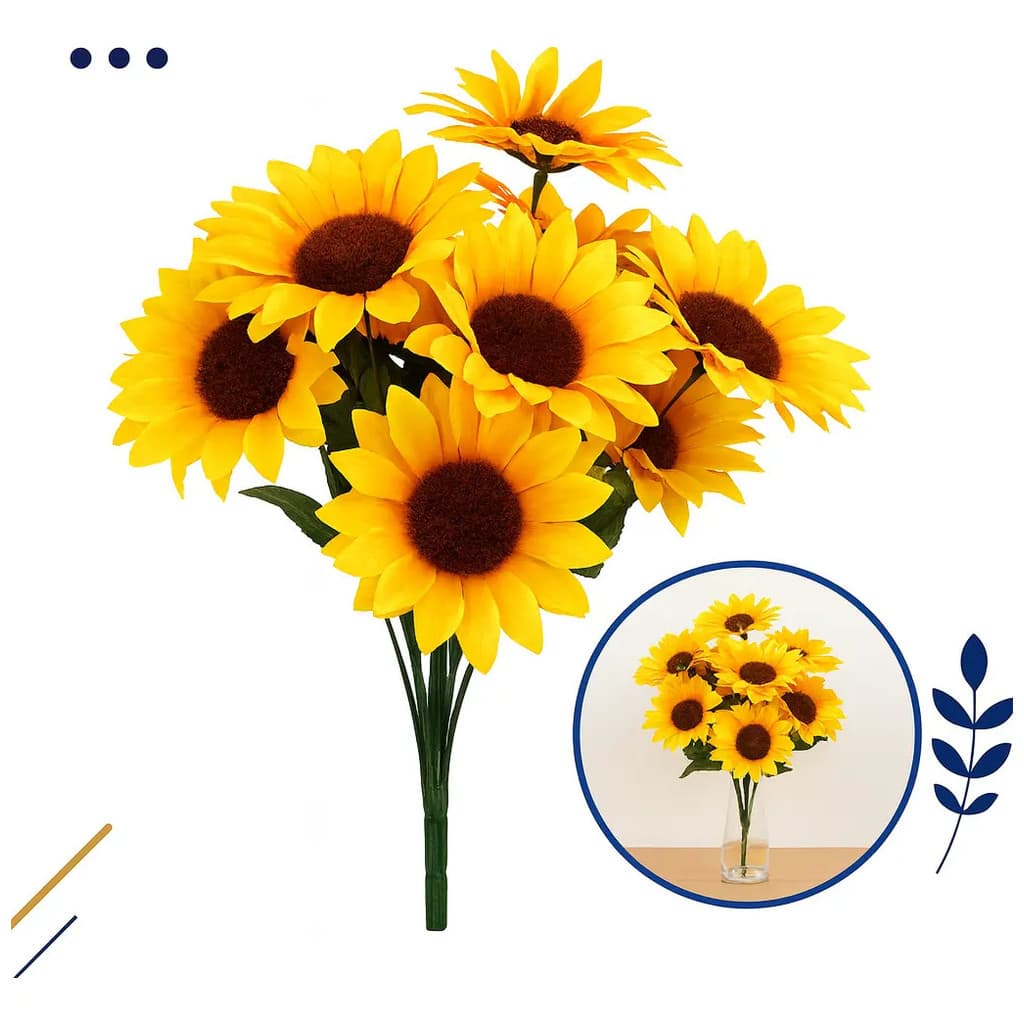 Kit 10 Buquê Flor Artificial Girassol 50 Flores Grande Atacado