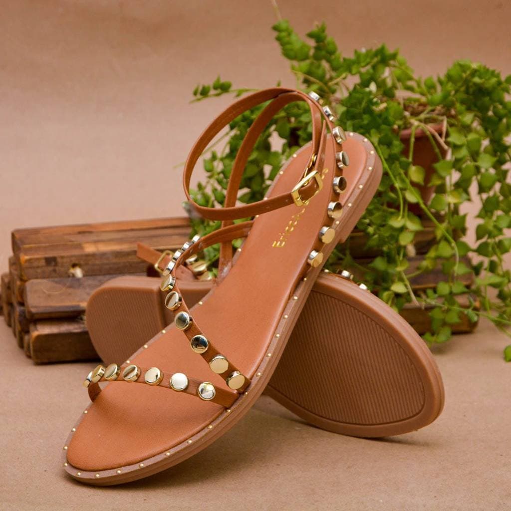 Sandália Rasteira Feminina Linha Premium Boho Chique Delicada Detalhe Tiras Ajuste Fivela Tornozelo