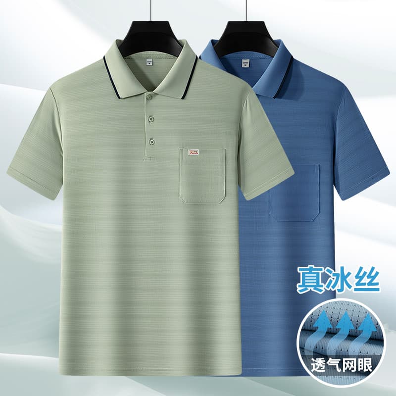 Pai verão masculino lapela manga curta camiseta verão secagem rápida gelo seda meia-idade idoso vovô topo