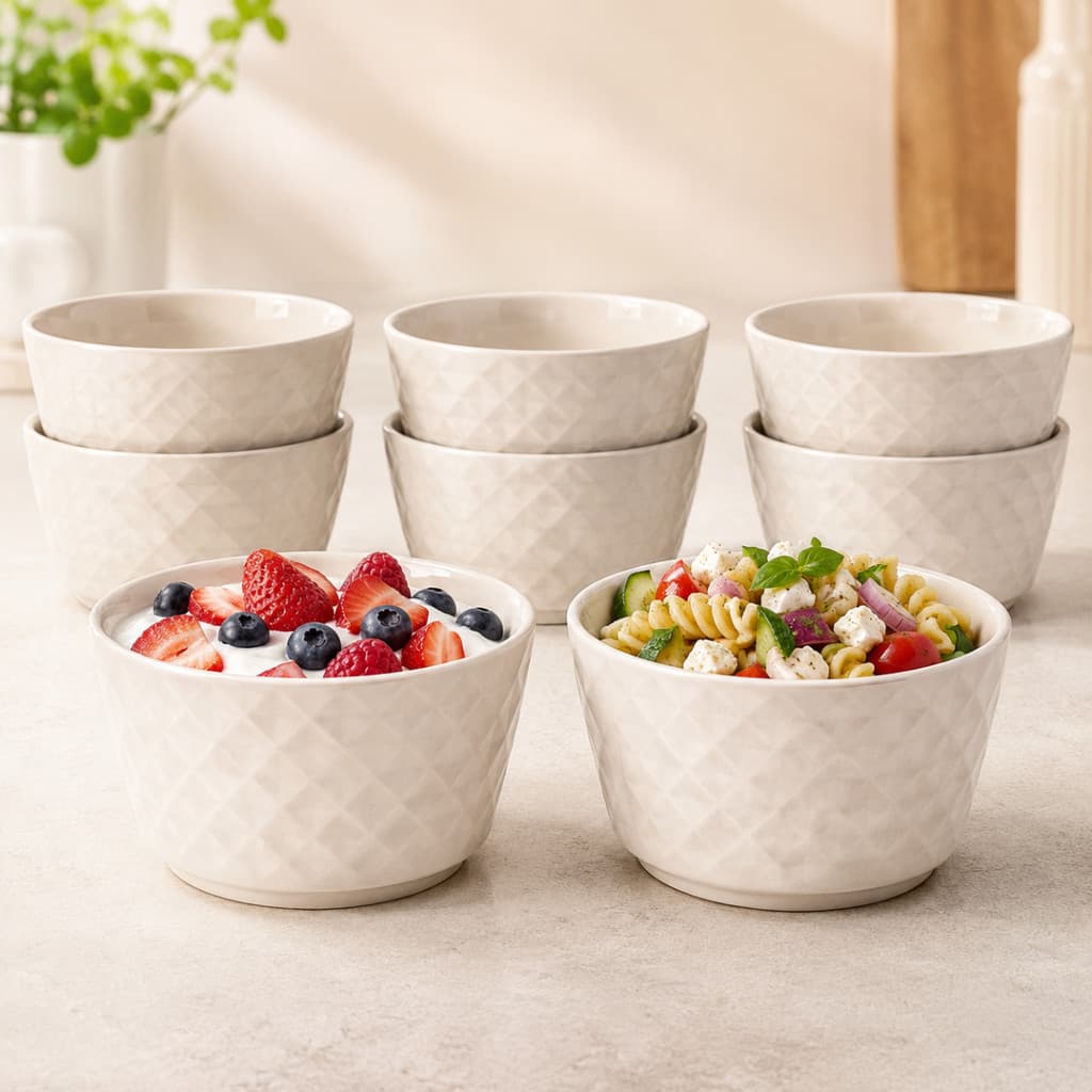 Kit 8 Bowl Cerâmica 385ml Cumbuca Grande Saladas e Frutas Tigela de Porcelana Sopas Bowls Mesa Posta