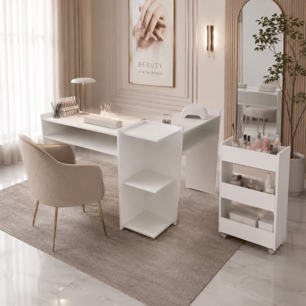 Mesa Manicure em L com Carrinho Organizador MDF