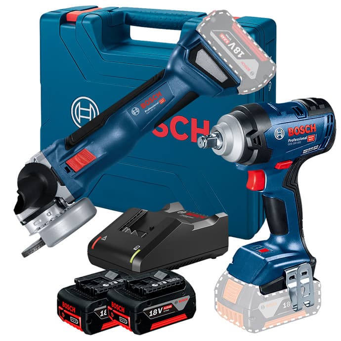 Kit Chave de Impacto 1/2" GDS 18V-400 + Esmerilhadeira 5" (125mm) GWS 18V-10 + 2 Bateria 4Ah + Carregador Rápido Bosch