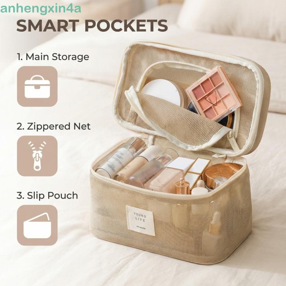 Bolsa De Maquiagem De Malha ANHENGXIN , Cosmética Transparente Quadrada De Cor Sólida , Estojos Cosméticos Leves