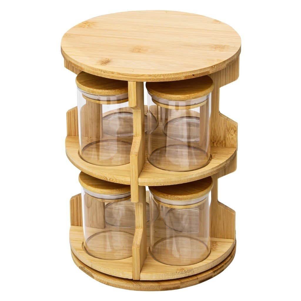 Porta Temperos Giratório 360º 8 Potes Vidro de Bambu Hermético Organizador Cozinha