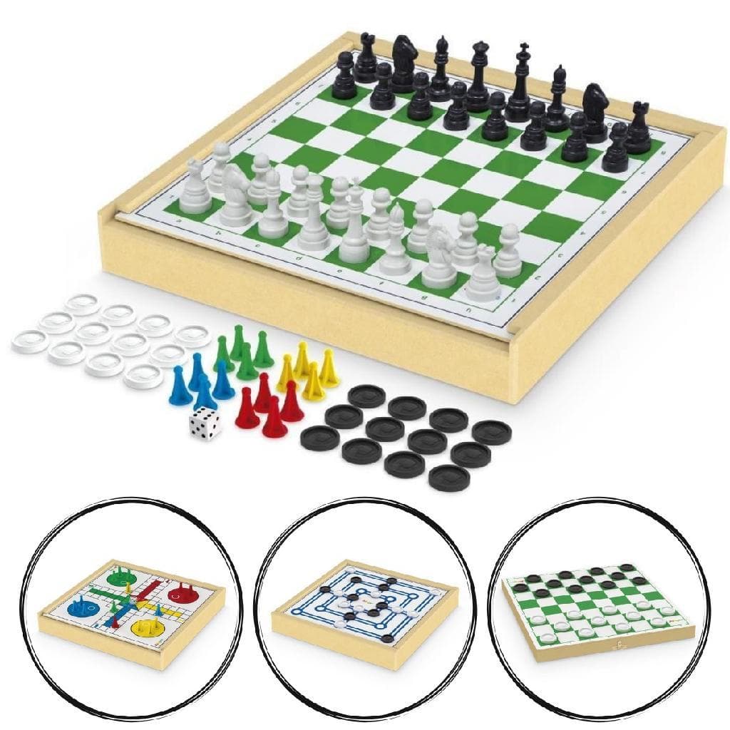 Jogo 4 em 1 DAMA, XADREZ, LUDO e TRILHA JUNGES