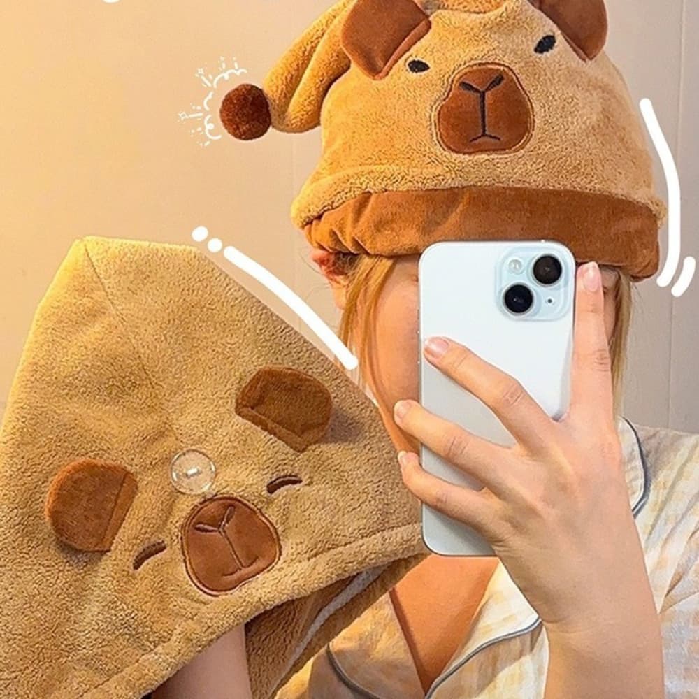 Toalha De Secagem Rápida De Lã Coral Espessada Touca De Cabelo Seco De Capivara Fofa