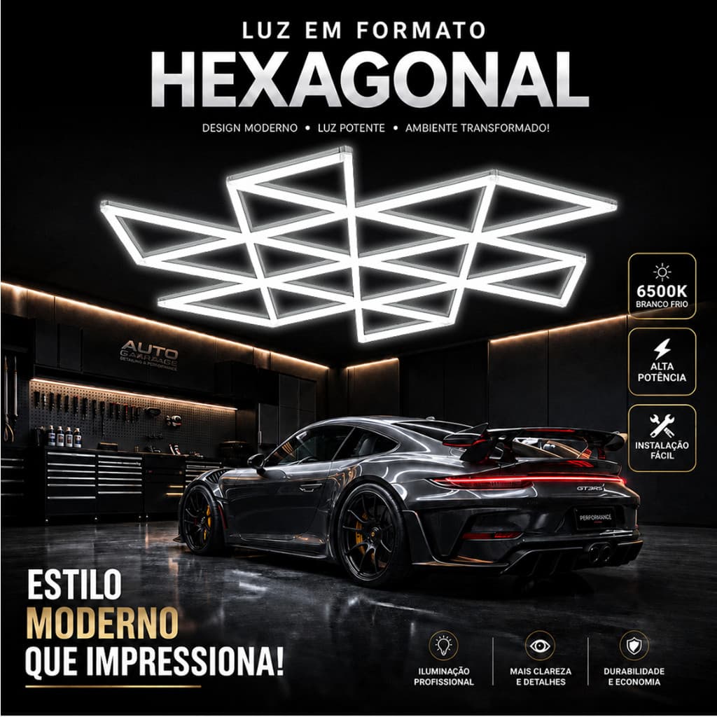 Kit Luminária Hexagonal DIY 36 Células Branco Frio 6500K Para Garagem, Barbearia e Oficina Bivolt