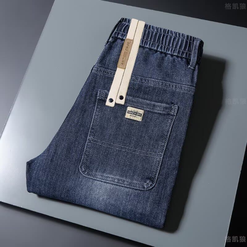 Outono Jeans masculino em linha reta elástico cordão calças compridas cintura elástica Casual calças soltas primavera es