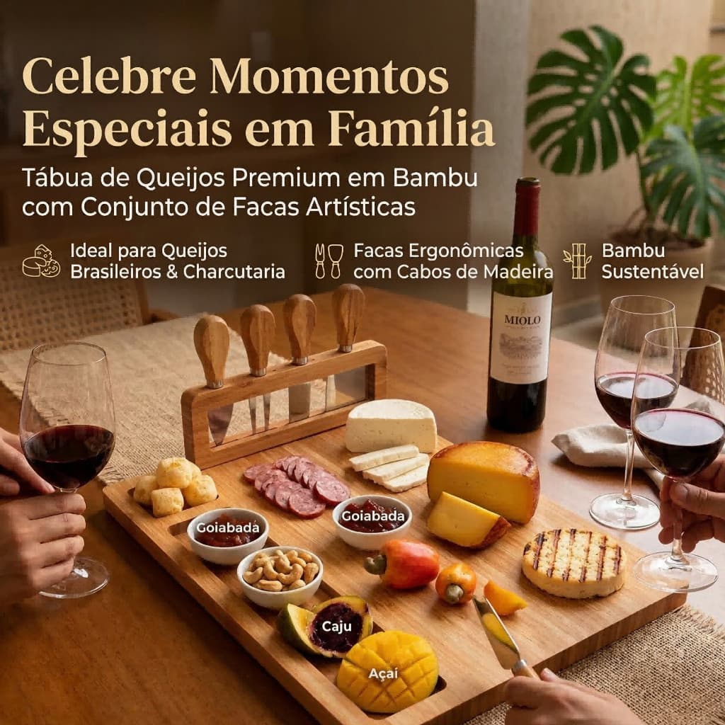 Tábua de Queijos e Frios com 04 Espátulas Madeira Presenteável