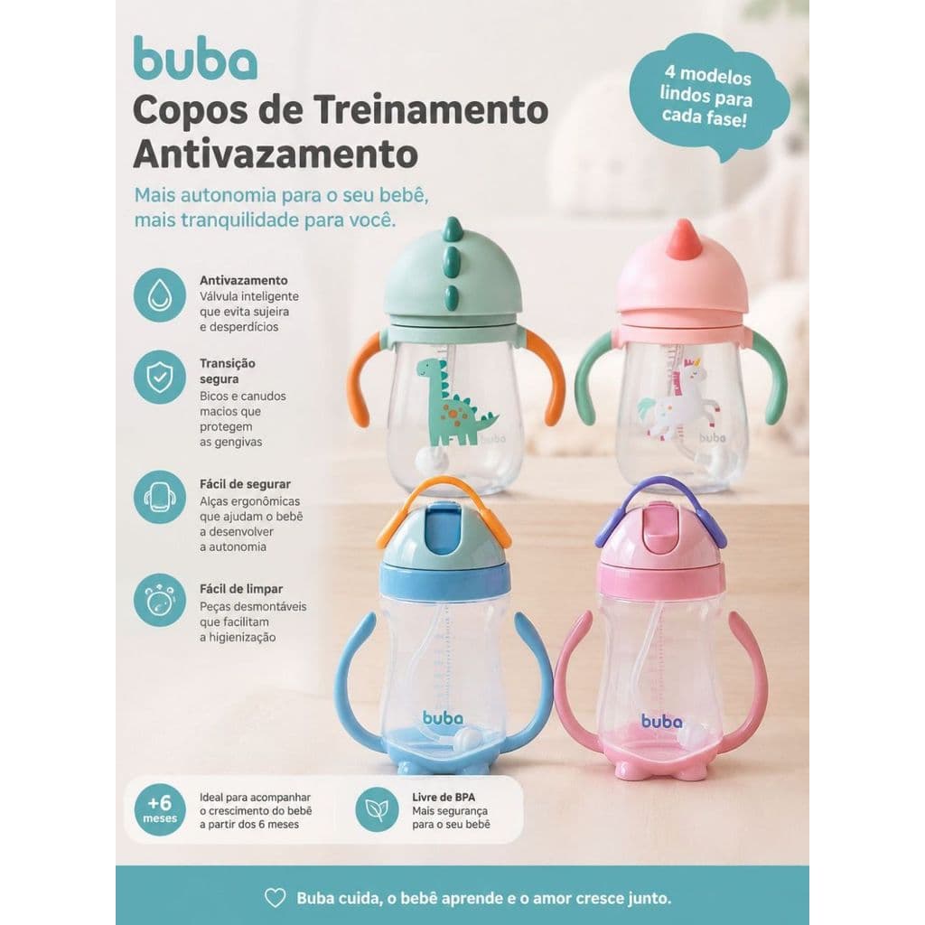 Copo de Treinamento Buba Anti-Vazamento com Alça e Canudo Macio de Silicone Copo Transição Bebê