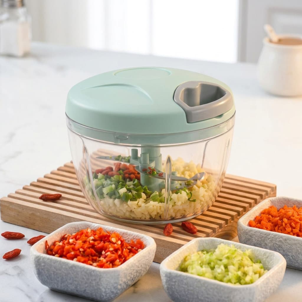 Mini Processador Manual 500ml Triturador Alimentos Picador Cebola Alho 3 Lâminas Inox