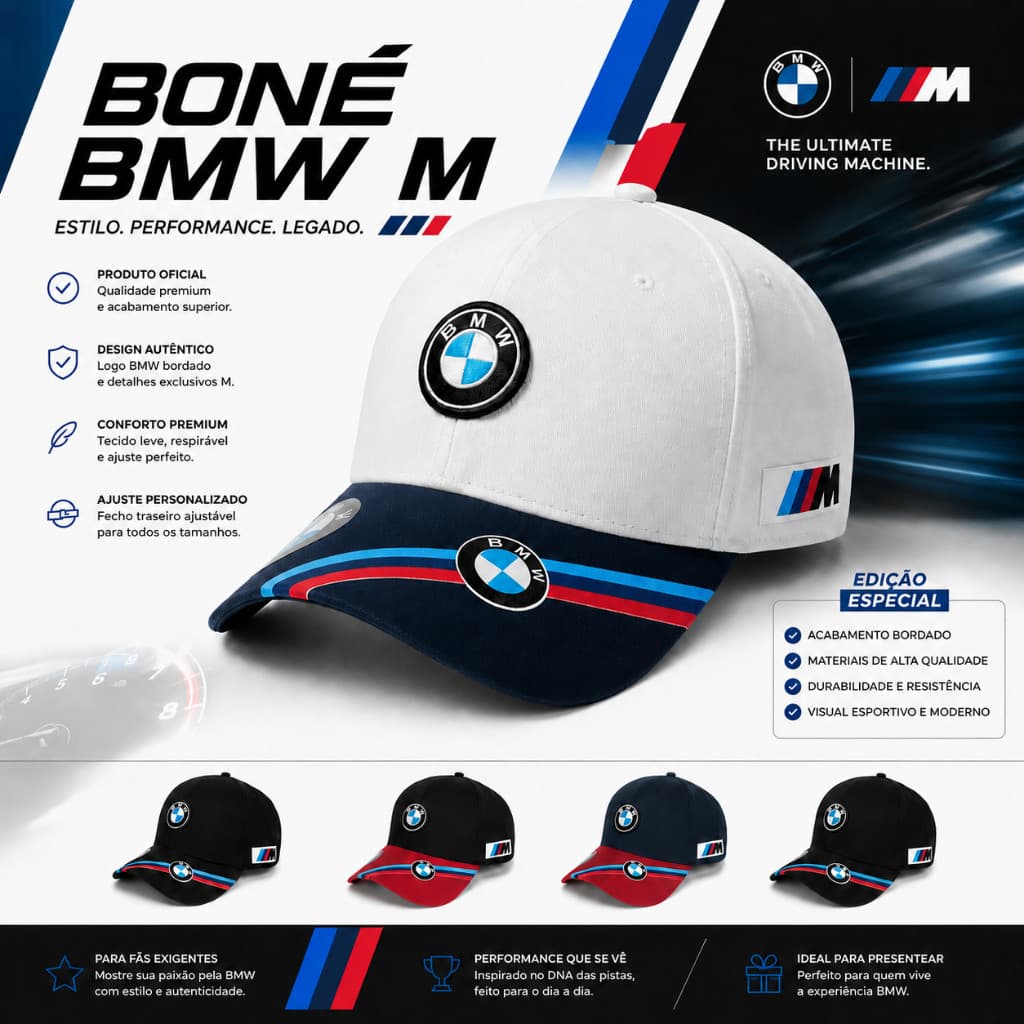 Boné BMW Esporte Aba Curva Bordado Ajustável Esportivo Masculino Feminino