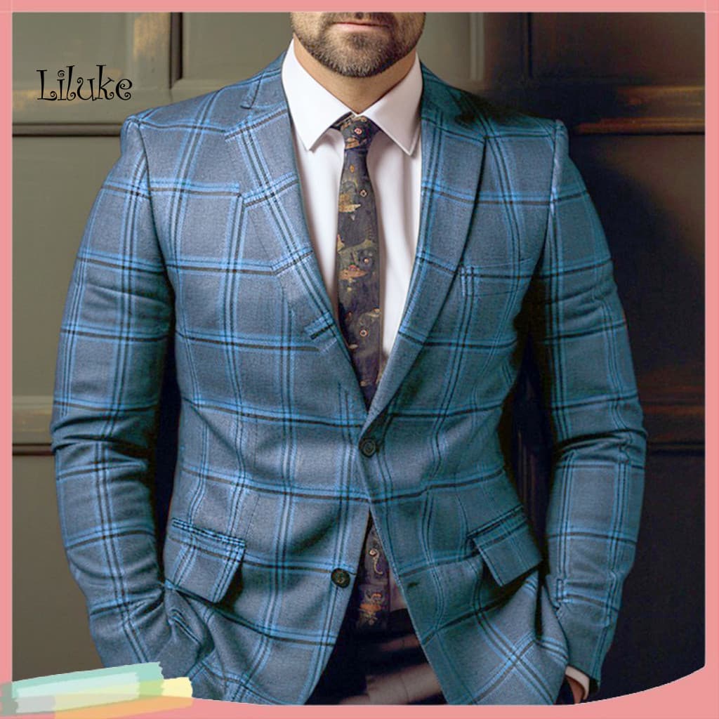 Long-sleeve Businesscoat Men Casual Suit Jacket Men's Slim Fit Plaid Coat Formal Business Blazer Single Button Mid-lengt