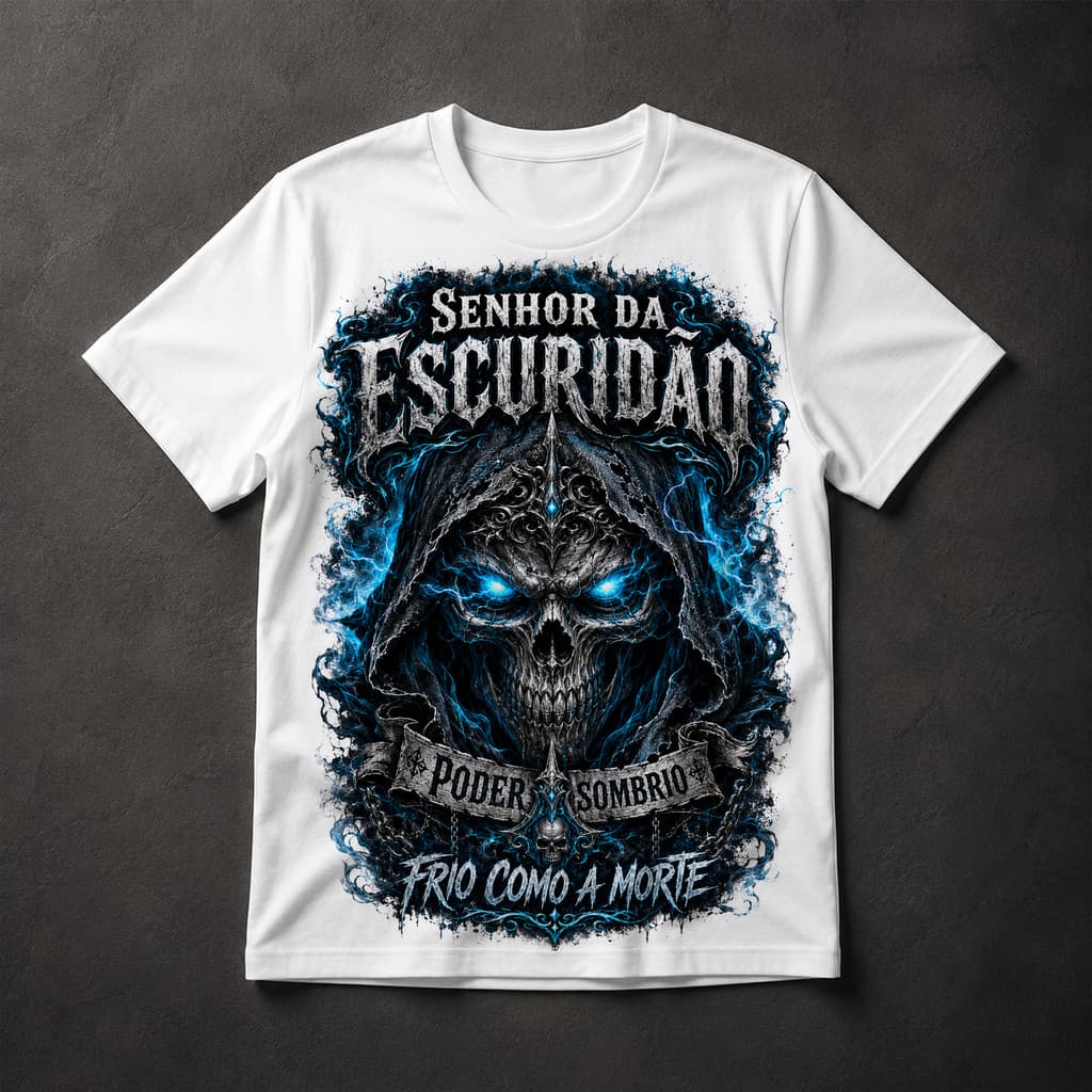 Camiseta Senhor da Escuridão Caveira Fogo Azul Dark Metal Masculina Estampada