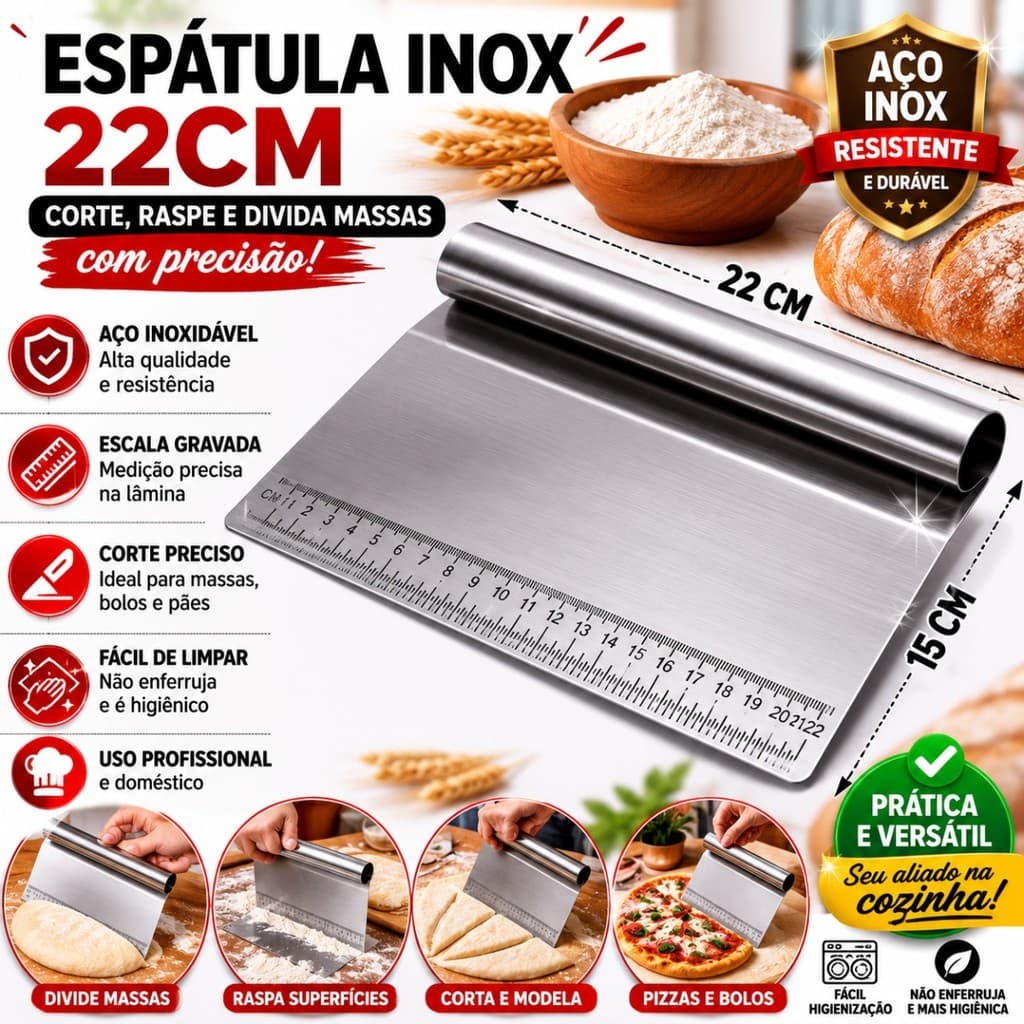 Espátula Inox 22cm Cortador De Massa Raspador Multiuso Chapa Aço Inoxidável Para Pães Bolos Pizza Confeitaria