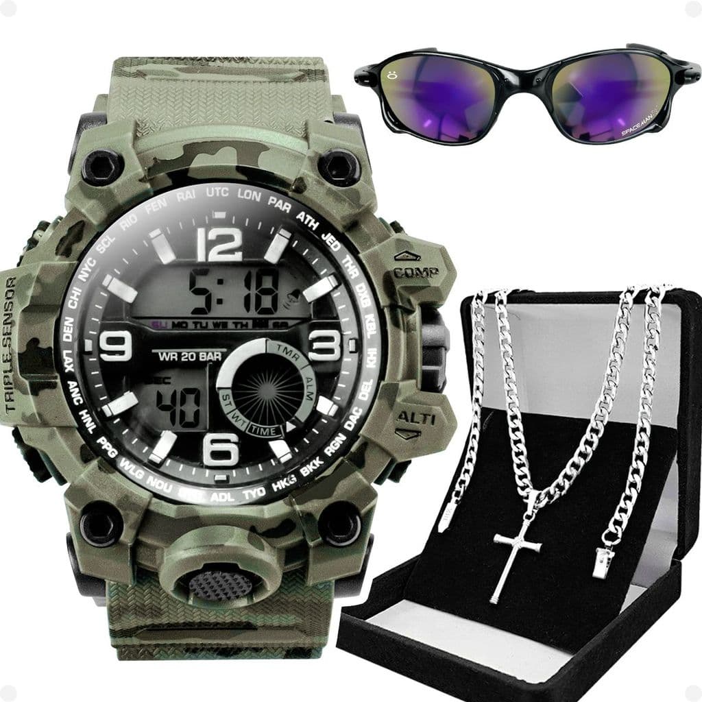 Relogio Masculino Camuflado Digital + Oculos Sol proteção uv
