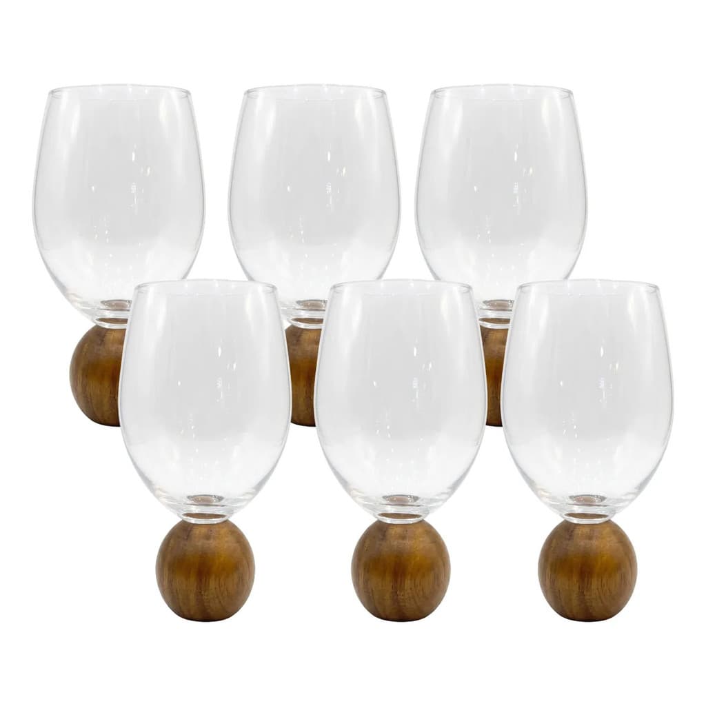 Jogo 6 Copos Vidro Esfera Bola Bubble Madeira Acácia 450ml