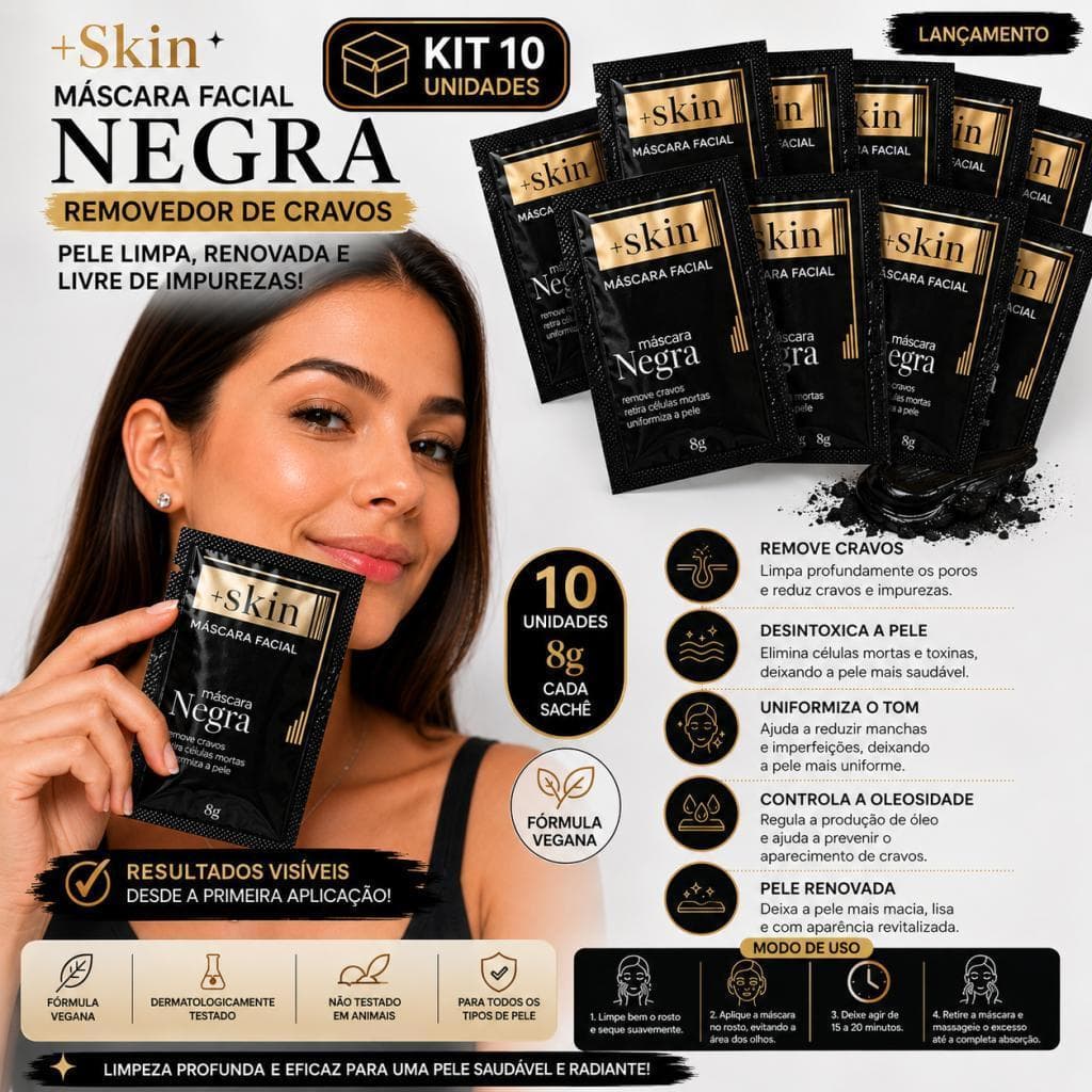 Kit 10 Máscaras Faciais Negras +Skin 8g Removedor de Cravos