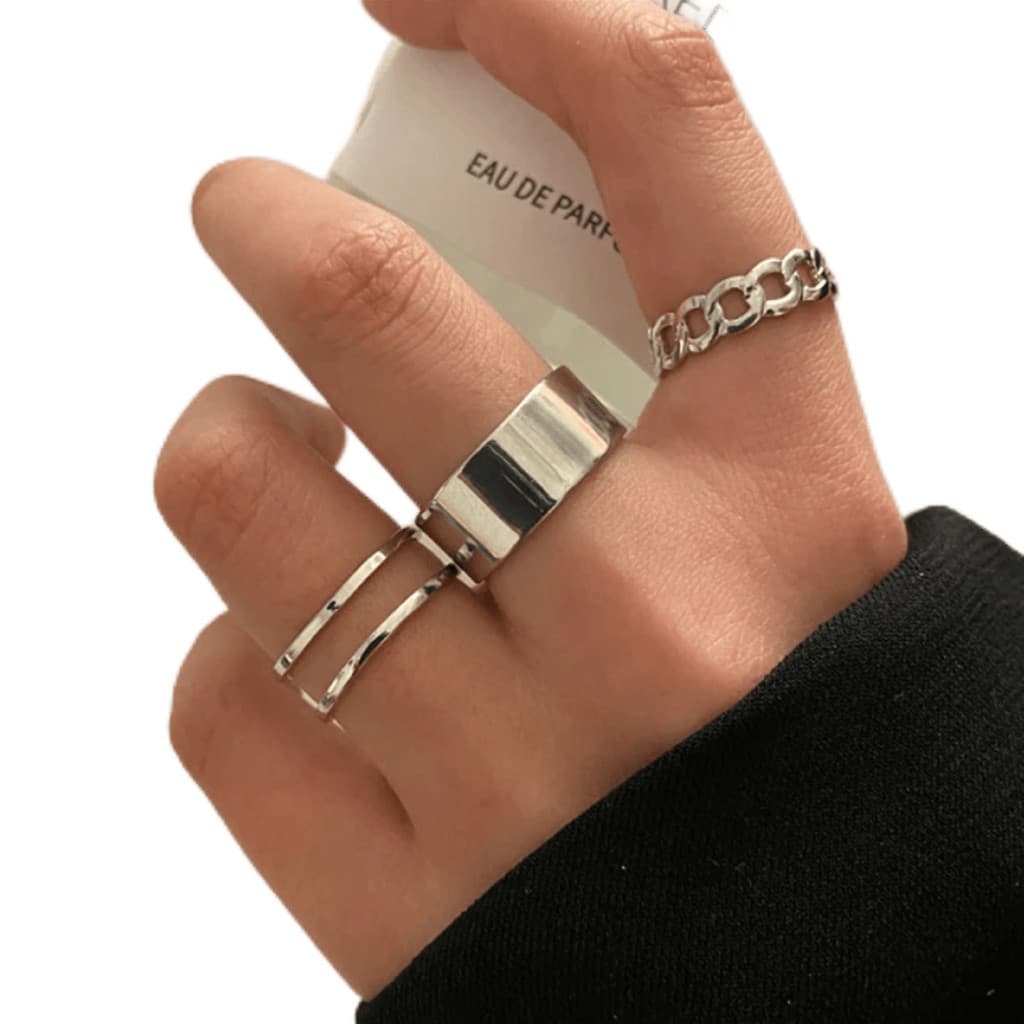Conjunto 3 Anéis Aço Inox Minimalistas Corrente Linha Dupla Ajustável