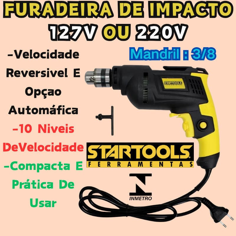 Furadeira De 3/8 10mm Impacto Startools 220v Ou 127v Com Cabo Emborrachado Com 600W Chave De Mandril