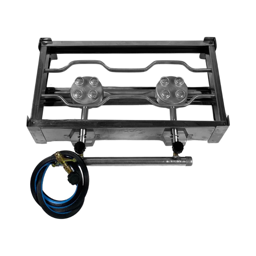 Fogareiro Fogão INOX Portátil Duplo 2 Bocas A Gás Tradicional Camping Churrasco Compacto