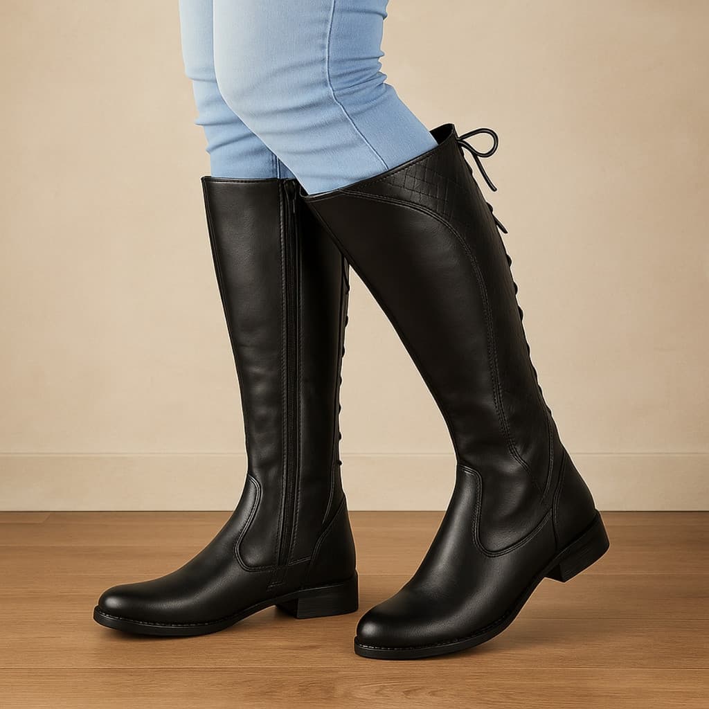 Bota Feminina Montaria Clássica Salto Baixo Modelo Elegante Em Couro Ecológico Confortável