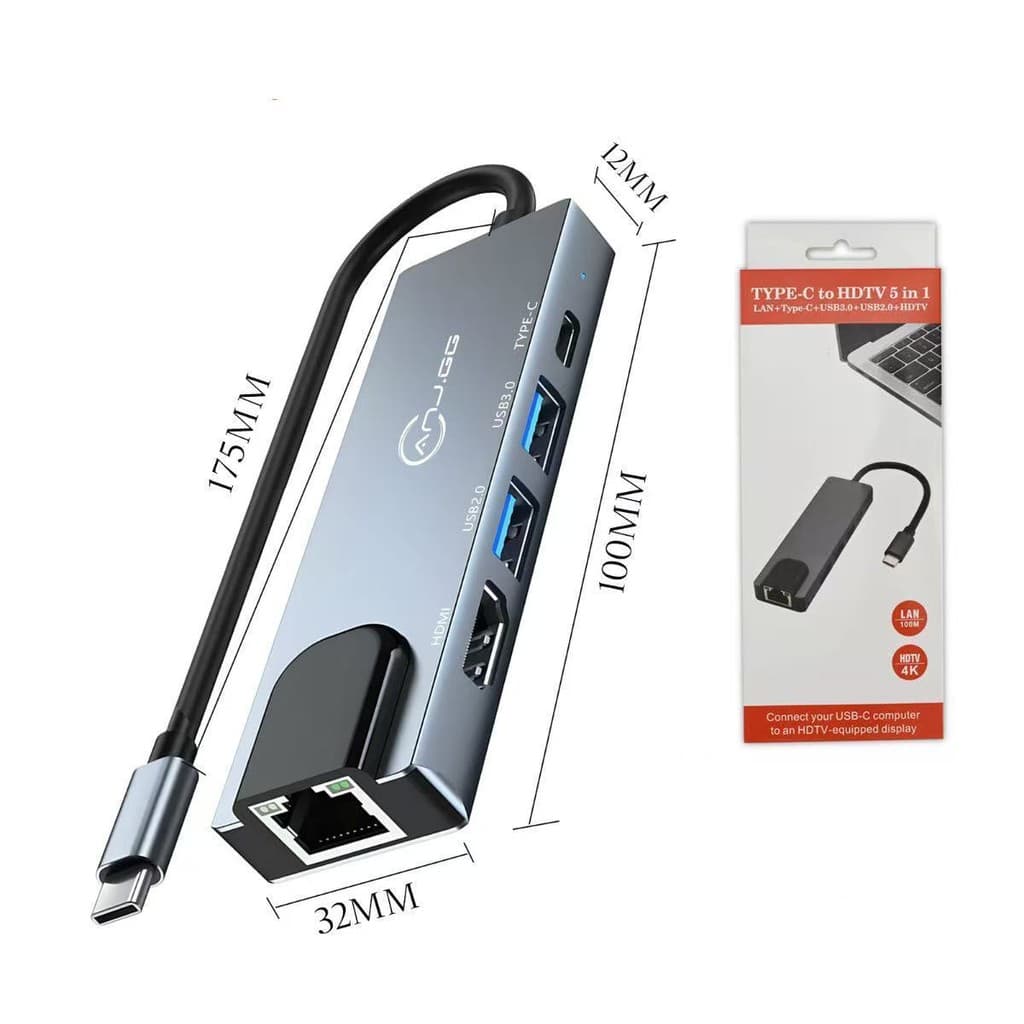 Adaptador USB C Hub 5 Em 1 HDMI 4K Ethernet RJ45 PD 100W USB 3.0 USB 2.0 Para Notebook MacBook Tablet Celular