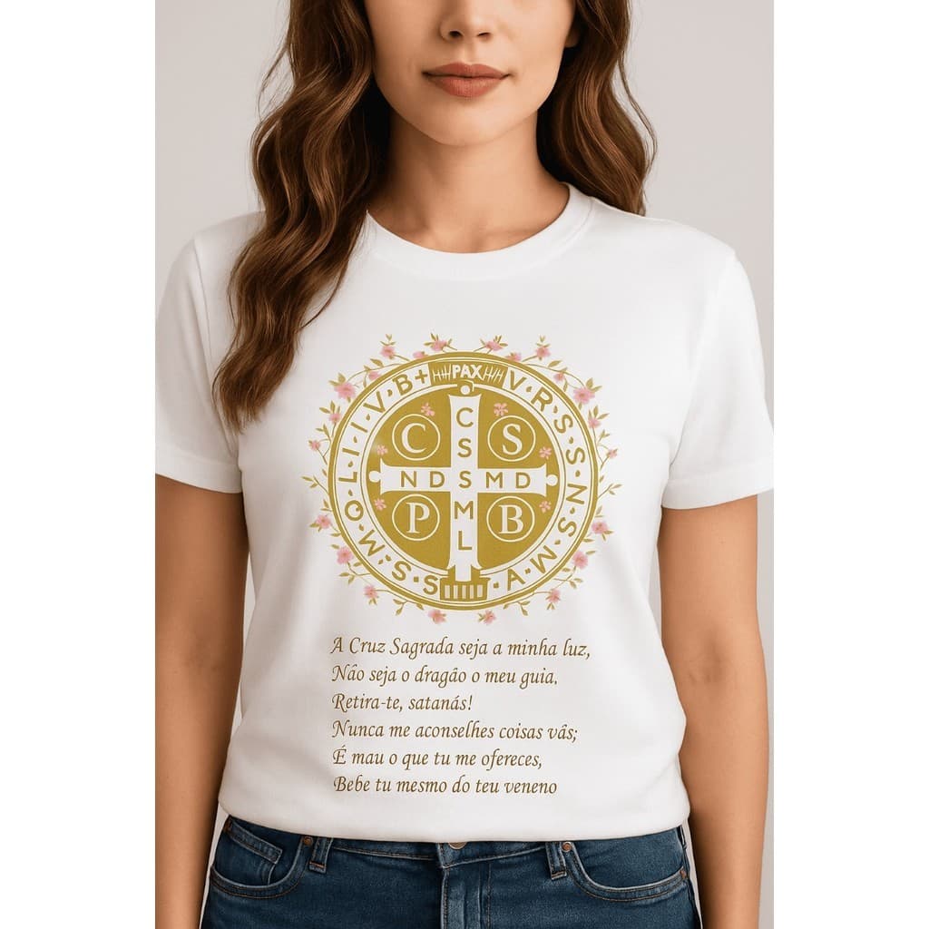 Camiseta T-Shirt Feminina Estampada Medalha De São Bento Cruz Sagrada Católica 100% Algodão Casual