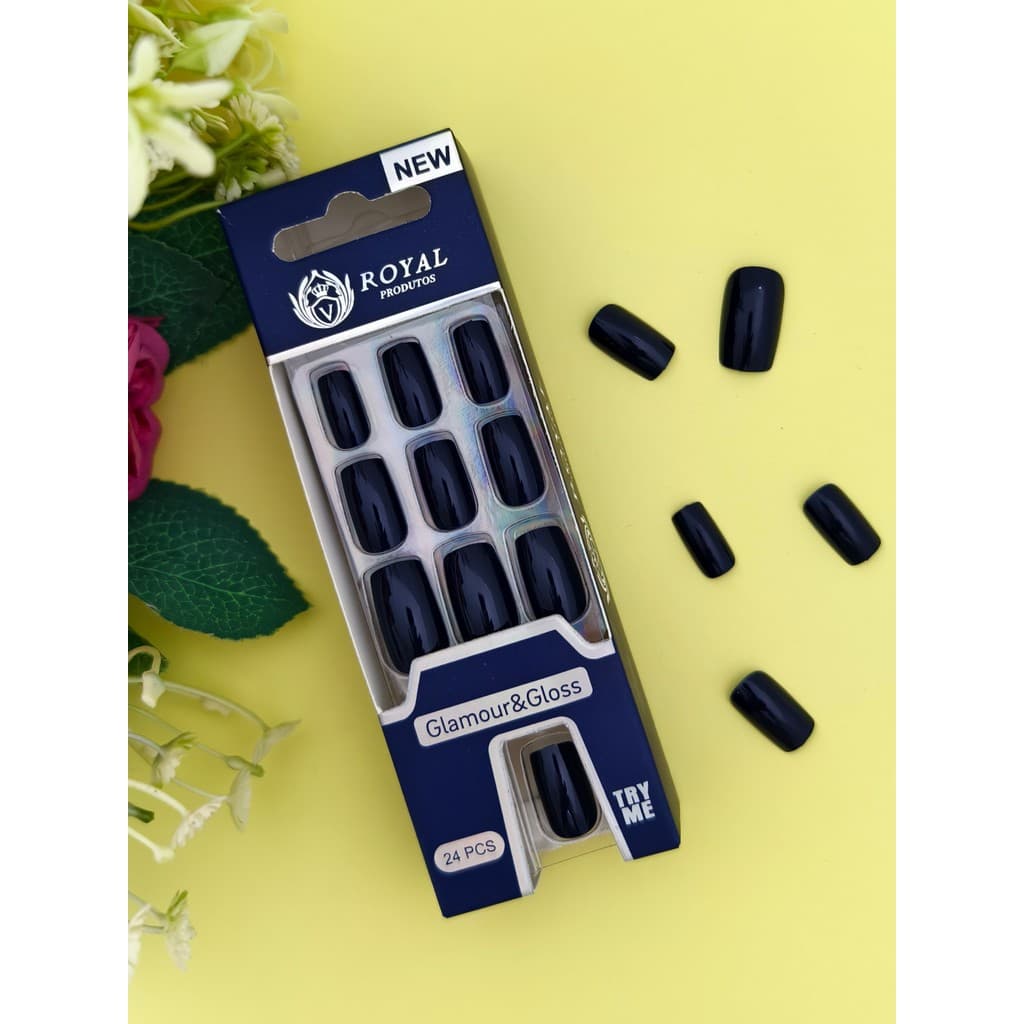 UNHAS POSTIÇAS QUADRADA MÉDIA AUTOCOLANTE - KIT COM 24 PEÇAS COR  AZUL ESCURO  T-579-8