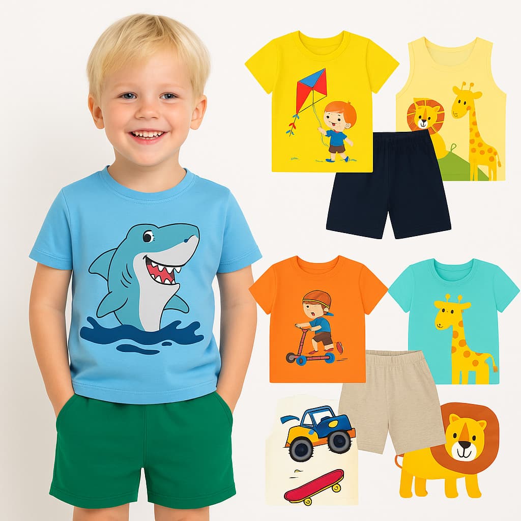 Kit Sortido 2 ou 4 Peças Roupa Infantil Bebê Menino Verão Conjuntos Masculino Infantil Bebê Verão Manga Curta e Shorts