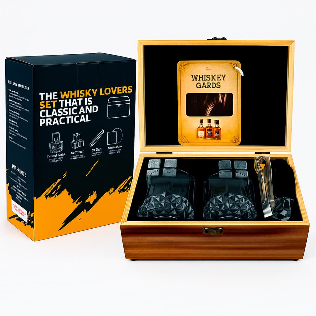 Conjunto de Copos para Whisky com Pedras de Gelo e Caixa de Madeira