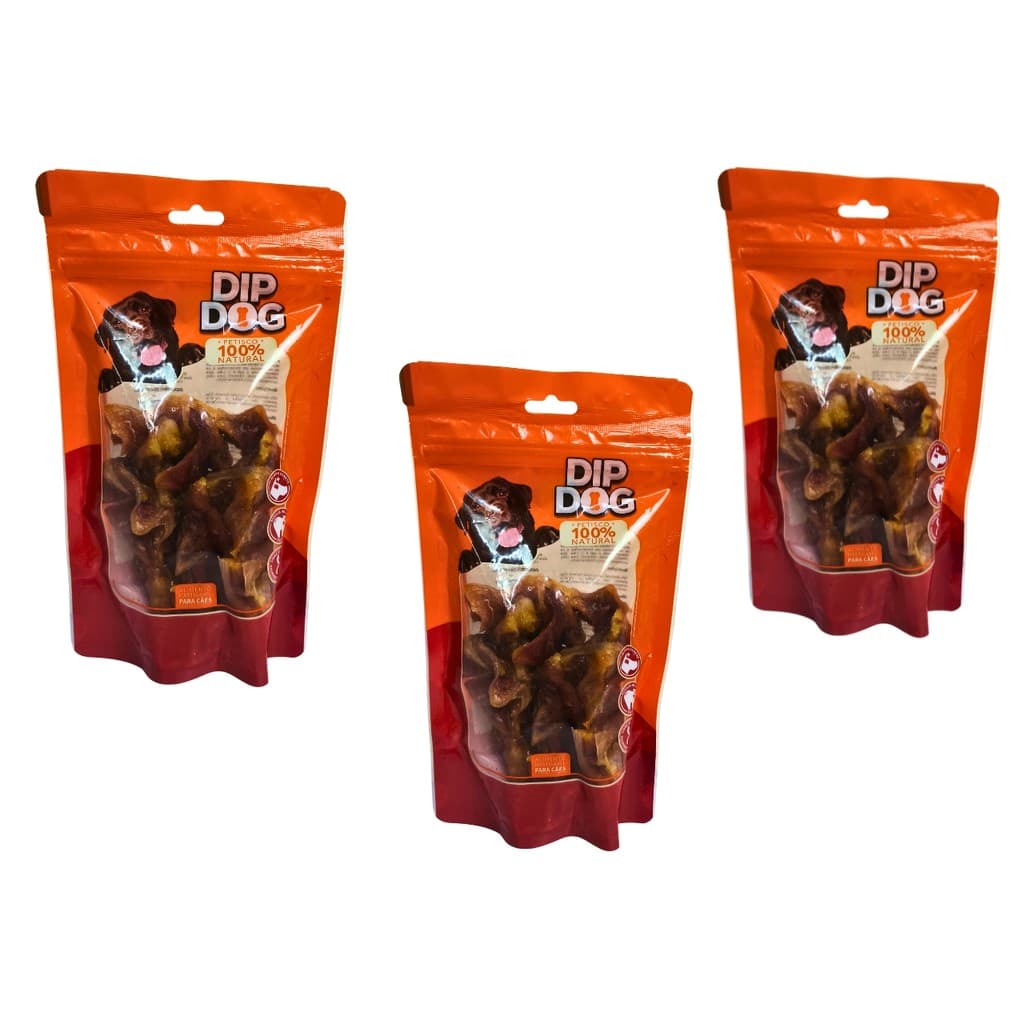 Kit 3 Pacote orelha Petisco Mordedor Orelhas Suína Natural Cães Dip Dog 100 gramas cada não é bovina
