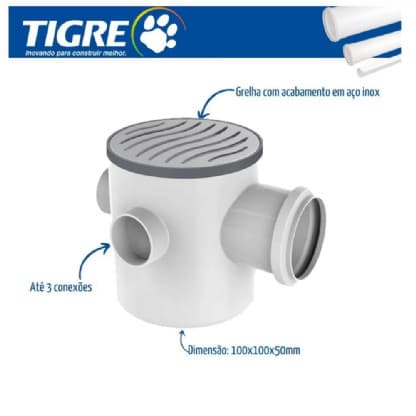 Caixa sifonada Tigre montada 100x100x50mm redonda grelha inox