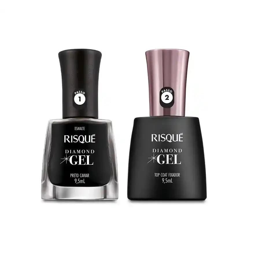 Kit Risqué Esmalte Diamond Gel Preto Caviar + Top Coat Fixador 9,5ml