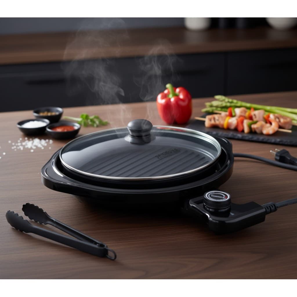 Grill Eletrico Redondo Termostato Controle Temperatura 220V Preto Compacto Facil Limpeza
