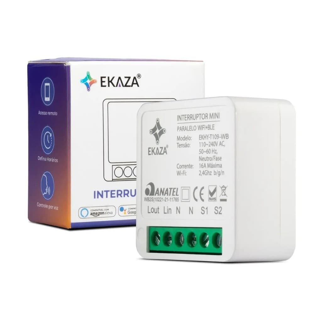 Interruptor Mini Módulo Wi-fi Paralelo  1 canal Bluetooth Ekaza Alexa e Google