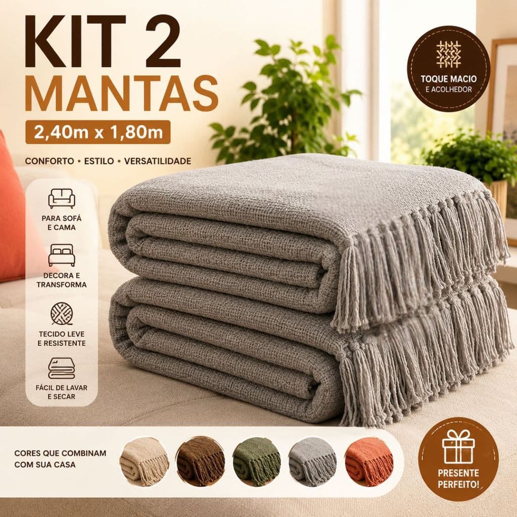 Kit 2 Mantas Decorativas Premium 2,40x1,80m - Toque Macio e Acabamento Elegante para Seu Lar