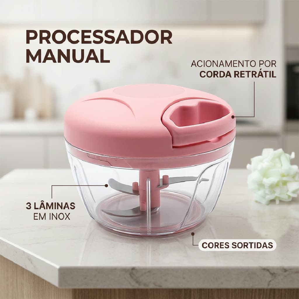Processador e Triturador Manual de Alimentos com 3 Lâminas - Cores Sortidas